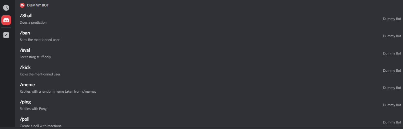 Encart des 'Slash commands' de discord